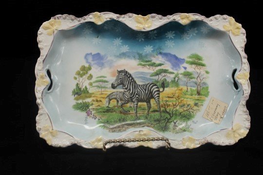 R. S. Germany Steeple mark dresser tray with zebra: R. S. Germany Steeple mark dresser tray with zebra transfer. 11 3/8" long.