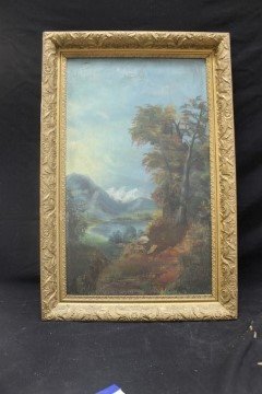 Oil on canvas mountain landscape signed lower right: Oil on canvas mountain landscape signed lower right Bettie Remington and dated 4-19-90 (1890). Harrison County, KY artist. Some wear and loss, minor patching. Ornate frame is 29 1/4" X 19 3/8".