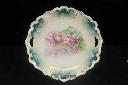 R. S. Prussia red mark Mold 304 11" keyhole plate with: R. S. Prussia red mark Mold 304 11" keyhole plate with reflecting water lillies.