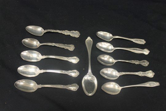 Sterling silver spoons: (3) Gorham, one marked Duhme &: Sterling silver spoons: (3) Gorham, one marked Duhme & Co. as well, two with engraved "Morpeth";, teaspoon with beading, monogram M and 1923 on reverse with crimped bowl; beaded handle with monogram N