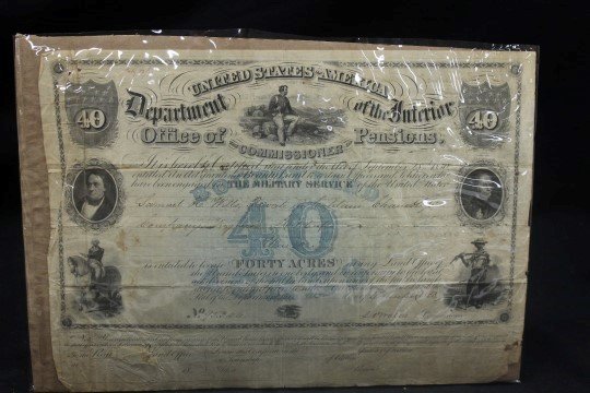 Rare United States of America Department of the: Rare United States of America Department of the Interior Office of the Commissioner of Pensions 40 acre Bounty Land grant to Samuel H. Wills, Private in Captain "Chaubleys" Company Virginia Militia, d