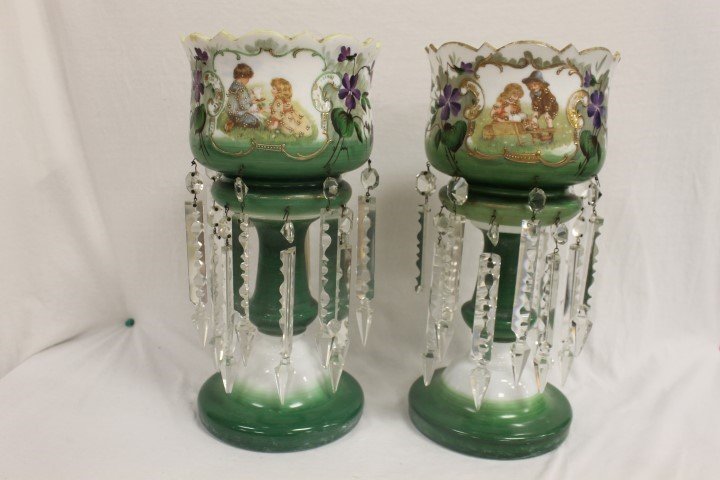 Pair 14 1/2" green and white mantle lustres with enamel: Pair 14 1/2" green and white mantle lustres with enamel violet decoration with cameo portraits of children at play on front and reverse. Double row prisms, with a few missing. Minor gold wear. A few s