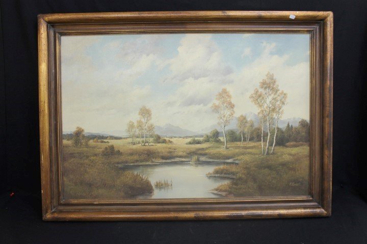 P. Ewert oil on canvas landscape with birch trees,: P. Ewert oil on canvas landscape with birch trees, small tear upper right, signed lower right, canvas is app. 35 1/2" X 23 1/2", in frame.