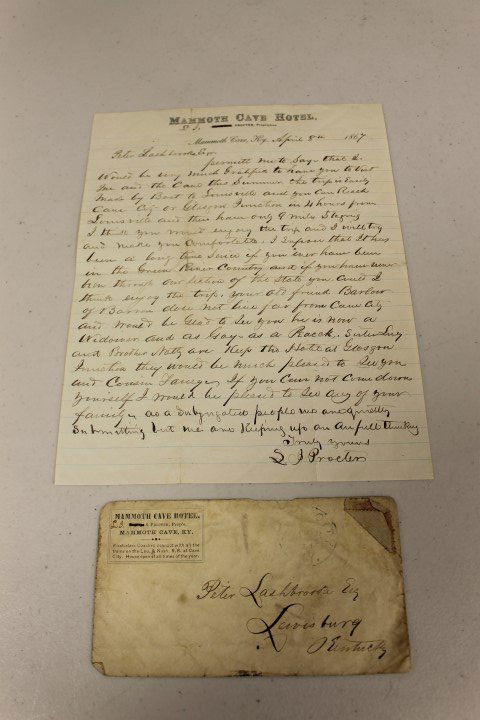 Letter from Mammoth Cave Hotel proprietor: 1867 letter to Peter Lashbrooke from S.I. Proctor, proprietor of the Mammoth Cave Hotel, inviting he and his family to visit the Green River Country, noting that the trip can be easily made by boat to