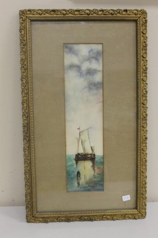 Watercolor signed Austin lower right of a yacht flying: Watercolor signed Austin lower right of a yacht flying a swallow tail flag with letters AHS. Image is app. 13 1/2" X 3 1/2", frame is app. 11" X 20".