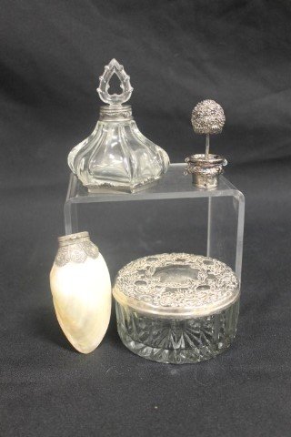 France Etain 94% 4" perfume, potted tree box, covered: France Etain 94% 4" perfume, potted tree box, covered dresser box with mirrored lid, and abalone shell with mounted metal top, 3 5/8"