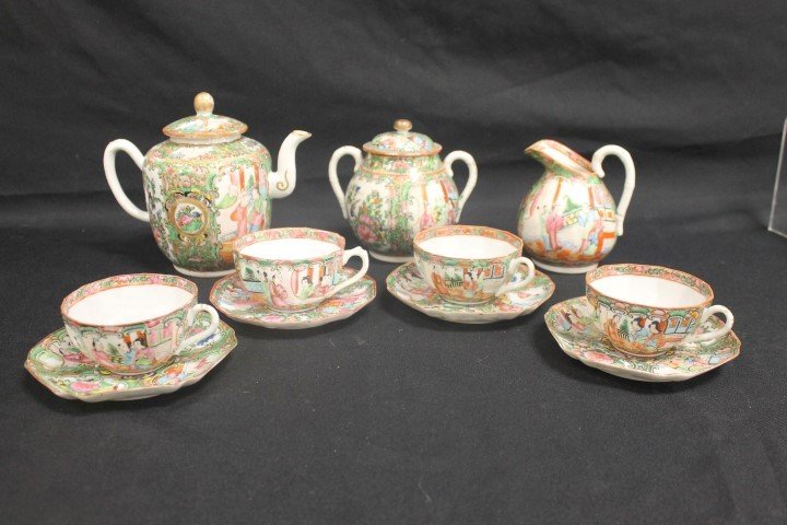 Chinese porcelain Rose Medallion tea set with four cup: Chinese porcelain Rose Medallion tea set with four cup and saucer sets, unmarked.