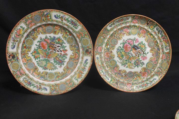 Chinese porcelain Rose Medallion (3) 9 3/4" plates -: Chinese porcelain Rose Medallion (3) 9 3/4" plates - two with hangers, one with chip under handrer; with (3) 9 1/4" shallow earthenware plates with similar decoration of flowers and butterflies. Minor