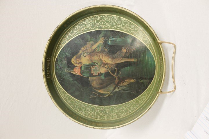 Clysmic - King of Table Waters tin tray with semi-nude: Clysmic - King of Table Waters tin tray with semi-nude lady with elk. 13 7/8"