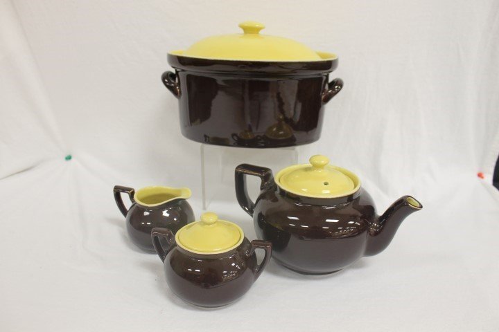 Hall China: To-Tone oval casserole, tea pot, covered: Hall China: To-Tone oval casserole, tea pot, covered sugar and creamer