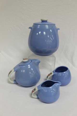 Hall China: Rose Parade tab handle bean pot, Sani-Grid: Hall China: Rose Parade tab handle bean pot, Sani-Grid 3-cup teapot, open sugar and creamer.