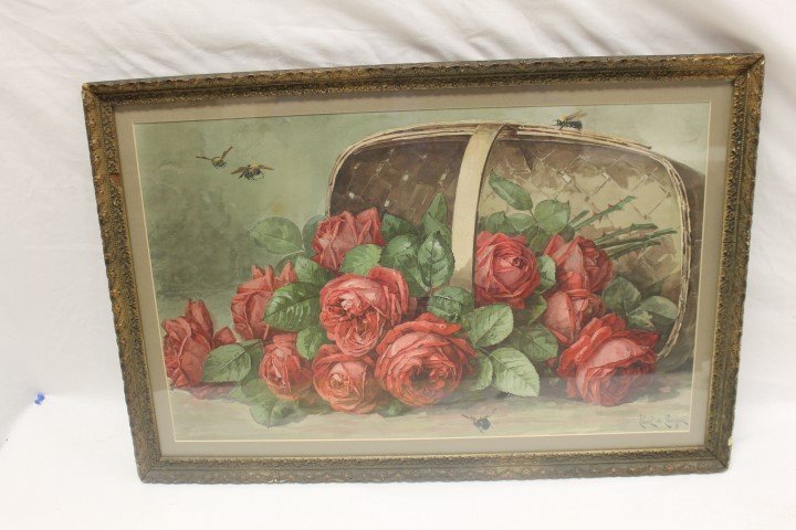Half yard long print of roses in a basket with bumble: Half yard long print of roses in a basket with bumble bees by Paul de Longpre. 18 1/8" X 26 7/8" frame.