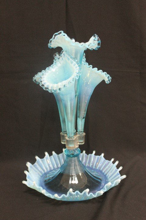Blue opalescent 4-flute threaded epergne, app. 16 1/2": Blue opalescent 4-flute threaded epergne, app. 16 1/2" tall, 11 1/2" wide at base.