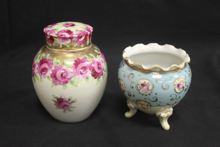 Nippon gold and rose decorated 5 1/2" tea caddy with: Nippon gold and rose decorated 5 1/2" tea caddy with some gold wear and scratching, and 4" footed ovoid rose bowl with gold and floral decoration and enamel beading.