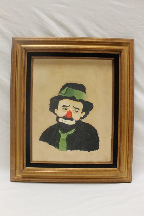 Oil on canvas portrait of a clown, signe Veta '85,: Oil on canvas portrait of a clown, signe Veta '85, lower right. 21 1/2" X 25 1/2" frame.