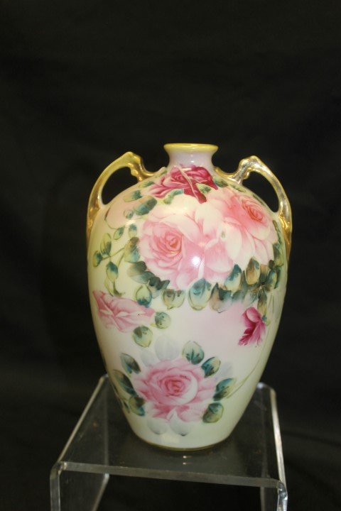 Nippon rose decorated 2-handle 8 1/4" vase, with gold: Nippon rose decorated 2-handle 8 1/4" vase, with gold wear, unmarked.