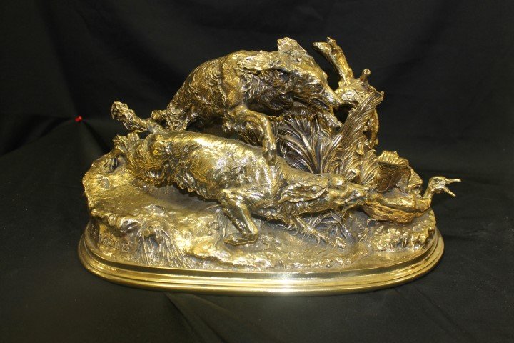 Piere Jules Mene cast brass animalier sculpture: Piere Jules Mene cast brass animalier sculpture of two dogs catching a goose. Stamped "France" on side rim, "Susse T...Ed...Paris" 17 3/4" long, 9 1/4" wide, 9 3/4" tall.