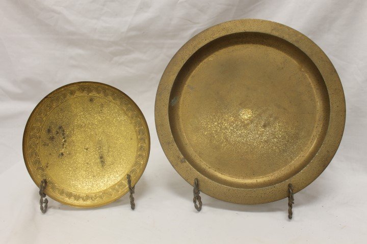 Tiffany Studios gold dore` chargers, both with wear,: Tiffany Studios gold dore` chargers, both with wear, the smaller, #1743 is 8 1/8", the larger, #1721, is 12"