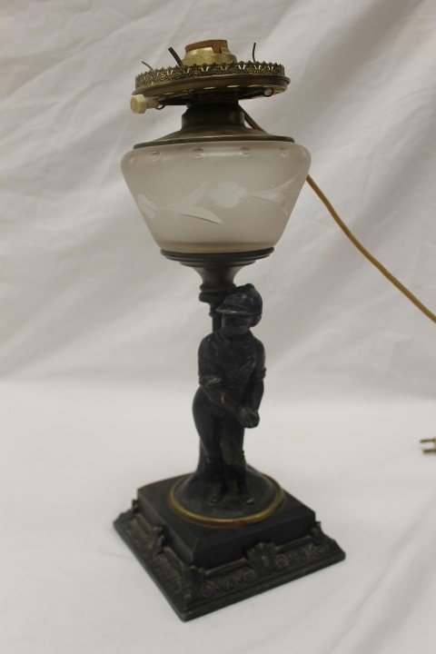 Rare E. Miller & Co. No. 287 Chicago Club figural oil: Rare E. Miller & Co. No. 287 Chicago Club figural oil lamp with frosted etched font. "C" on jersey front, "Chicago" and "Club" on belt, with additional marking on base at back near brass ring. Meatl b