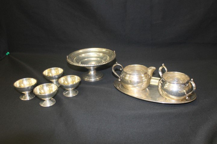 Sterling silver grouping: LaPierre 6" X 2 3/4" basket: Sterling silver grouping: LaPierre 6" X 2 3/4" basket without handle; Gorham #909 creamer and sugar; S. Kirk & son Inc. #4100 footed nut dishes (4), 1 5/8" tall; Gorham 9" oval tray. 21.21 toz.