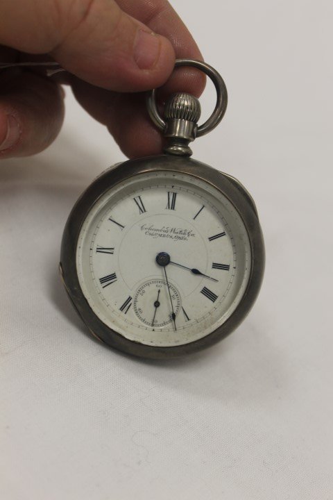 Columbus Watch Co., Columbus, Ohio pocket watch in: Columbus Watch Co., Columbus, Ohio pocket watch in Fahys Monarch coin silver case, #K3572, with Columbus Watch Co. Columbus, Ohio Safety Pinion #114805 works. Etching on interior case Alison Besser Ca