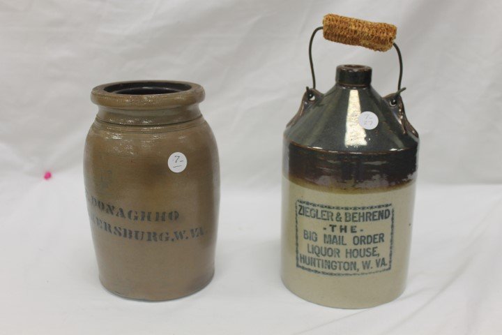 A. P. Donagho Parkersburg. W. VA. 1/2 gallon stone jar: A. P. Donagho Parkersburg. W. VA. 1/2 gallon stone jar with fill mark on back at bottom; Ziegler & Behrend - THE - Big Mail Order Liquor House, Huntington, W. VA. With bail. Handle broken and missing