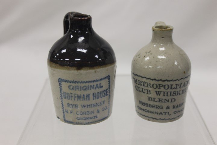 Miniature whiskey jugs: Original Hoffman House Rye: Miniature whiskey jugs: Original Hoffman House Rye Whiskey H.F. Corbin & co. Cincinnati, 3 1/4", minor nick on base; "Metropolitan Club Whiskey" blend Freiberg & Kahn Cincinnati, OHIO, 2 7/8"