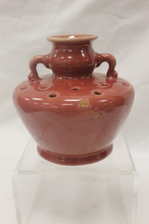 6" Selden Bybee 540 mauve 2-handle vase with frog top,: 6" Selden Bybee 540 mauve 2-handle vase with frog top, some glaze loss on body, rim and at one handle. Crack in body, with loss.