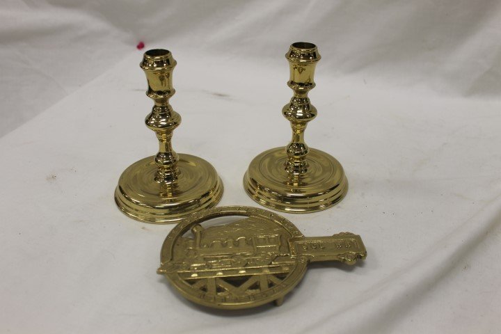 Virginia Metalcrafters pair of 6" brass candlesticks,: Virginia Metalcrafters pair of 6" brass candlesticks, CW 16-20 Raleigh, and Seaboard Coast Line SCL RR brass trivet