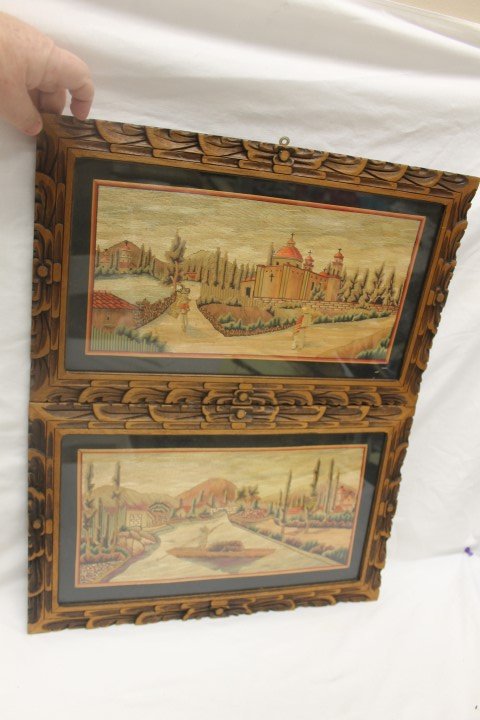 Pair of framed Mexican straw landscapes. Minor: Pair of framed Mexican straw landscapes. Minor loosening on one at the bottom right corner. Each 18 3/8" X 11 1/4"