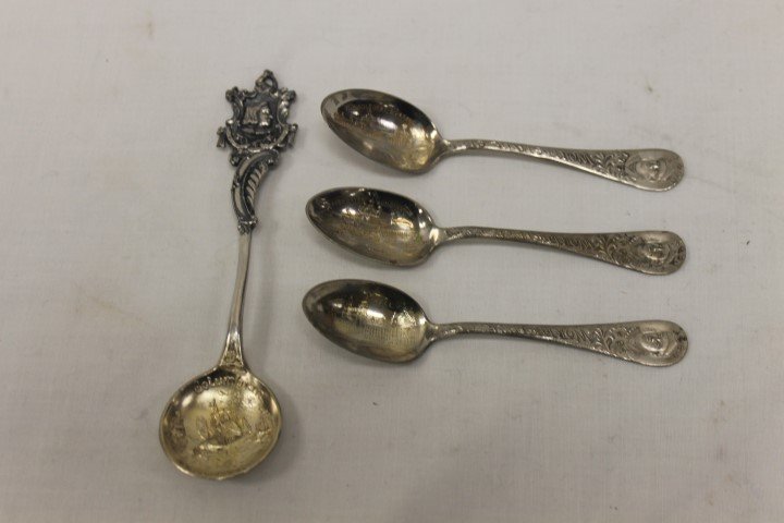 World's Fair 1893 sterling souvenir spoons: Fisheries: World's Fair 1893 sterling souvenir spoons: Fisheries Building, Machinery Hall, Agricultural Building, and Columbian Exposition with gold wash round bowl.