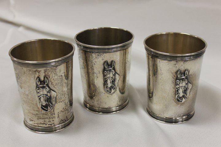 (3) Trees (Lexington, KY) horse head sterling silver: (3) Trees (Lexington, KY) horse head sterling silver julep cups, 3 3/4"