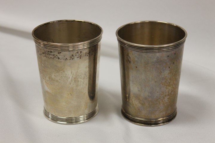 (2) Trees (Lexington, KY) sterling silver julep cups, 3: (2) Trees (Lexington, KY) sterling silver julep cups, 3 3/4"