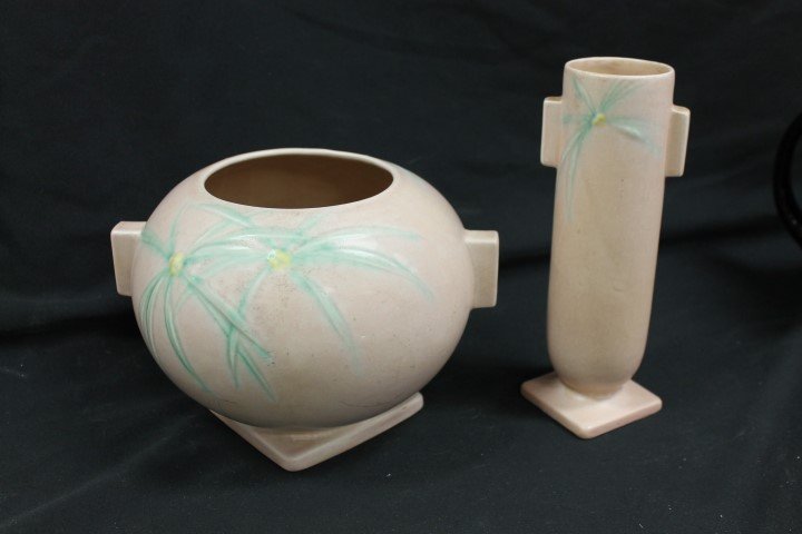 Roseville Pottery Dawn #316-6 2-handle vase and #828 2: Roseville Pottery Dawn #316-6 2-handle vase and #828 2 handle cylinder vase 8 1/2".
