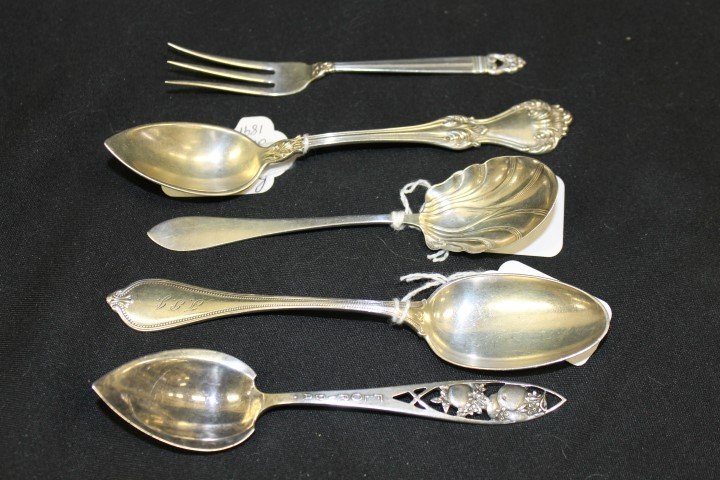 Sterling silver: R.W.S. Co "Corinthian" spoon; Whiting: Sterling silver: R.W.S. Co "Corinthian" spoon; Whiting "Adams" sugar shell; Towle "Old Newburg" spoon with monogram; International "Royal Danish" lemon fork; Watson "Florida" souv. spoon
