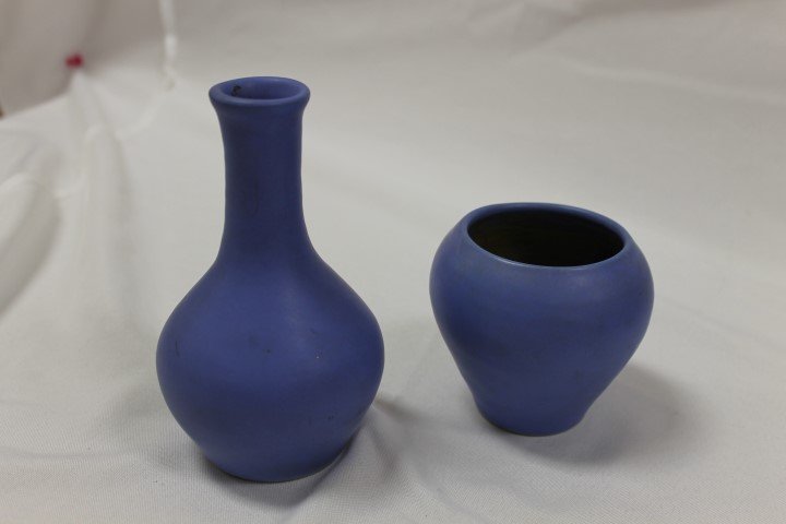 Great Smoky Mountain Pottery 6" blue bottle form vase: Great Smoky Mountain Pottery 6" blue bottle form vase and Cherokee Pottery 3 1/2" blue ovoid vase