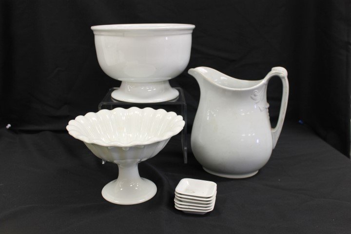 Ironstone china: (6) Alfred Meakin butter pats with: Ironstone china: (6) Alfred Meakin butter pats with staining and crazing; 6" X 8 3/4' pedestal scalloped edge compote; 9 1/2" Charles meakin water pitcher with some staining; George Scott pedestal fru