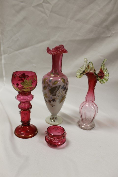 Victorian art glass: 8" cranberry chalice with applied: Victorian art glass: 8" cranberry chalice with applied prunts and gold decoration; 9 3/4" clear to cranberry to vaseline ribbed jack-in-the-pulpit vase; 11 1/8" cased ewer with gold decoration, cranbe