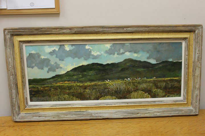 Eric Sloane (1905-1985) oil on masonite board title: Eric Sloane (1905-1985) oil on masonite board title "Taos Rabbit Hunt", signed lower left and on reverse, Images is app. 11 1/2" X 30", frame 17 5/8" X 36 1/8". Frame marked on reverse "Fenn Galleries