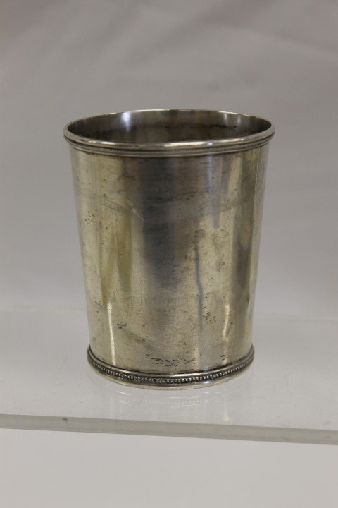 Coin silver agricultural premium beaker marked S. P.: Coin silver agricultural premium beaker marked S. P. Bailey Indianapolis and "Premium F.C.A.S.", app. 3 1/8" tall, with beaded rim and base.