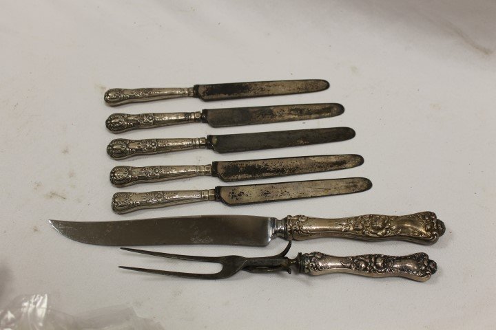 Sterling handle flatware and carving set: Sterling handle flatware and carving set: (5) knives with blades marked Alpha Harrison Bros. & Rowson Sheffield England, 9 5/8", monogram "B" (Breckinridge); carving set with 14" knife with nick on bl