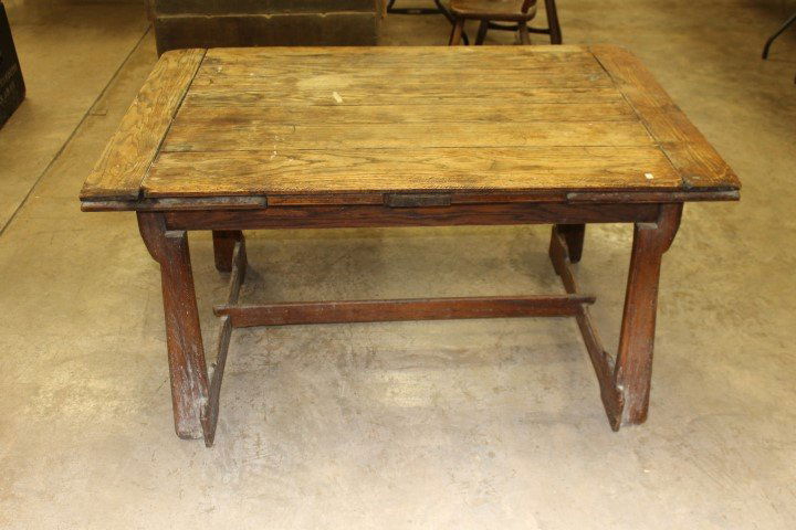 Old Hickory draw leaf dining table: Old Hickory draw leaf dining table, 29 5/8" tall, 35" wide, 54 1/8" long, 85 3/4" long with leaves extended. Used, grungy finish, with knife marks, stains, etc. Great table!