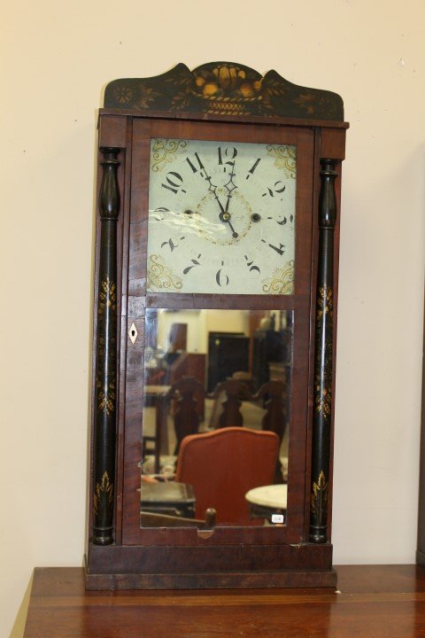 Luman Watson Cincinnati, Ohio half column mantle clock: Luman Watson Cincinnati, Ohio tall half column mantle clock with Toile column and crest decoration, wooden works, complete original label, keyhole inlay, looking glass front, with gold on dial. Some l