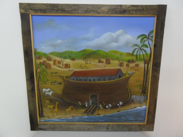 Janice Harding-Owens "Noah's Loading The Ark", acrylic: Janice Harding-Owens "Noah's Loading The Ark", acrylic on canvas, 2013, in custom barnwood frame. 25" X 26"