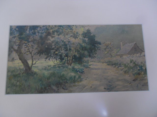 Paul Sawyier original watercolor titled "Benson Road".: Paul Sawyier original watercolor titled "Benson Road". Depiction of Benson Road in Franklin County, KY, with a tree in the foreground and a cabin in the distance on the right. Image is 6" X 11 1/2", f