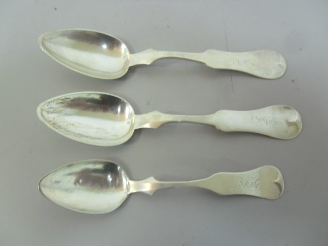 Duhme, Cincinnati, OH coin silver spoons (3), 1 marked: Duhme, Cincinnati, OH coin silver spoons (3), 1 marked with Duhme in cartouche, 5 1/2", (2) marked Duhme & Co. in cartouche, 6 3/8"
