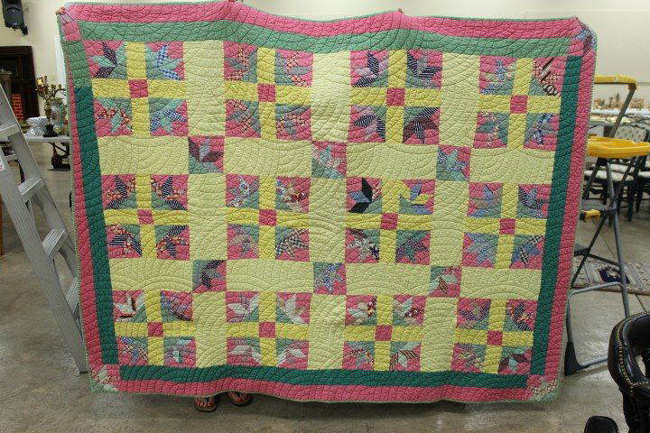 Fan and cross block quilt, minor edge wear, green back,: Fan and cross block quilt, minor edge wear, green back, 80 1/2" X 61". Fine stitching.