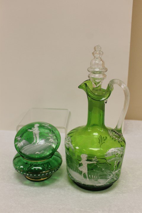 Green Mary Gregory 3 1/2" dresser jar with enamel: Green Mary Gregory 3 1/2" dresser jar with enamel decoration and 7 1/4" inverted honeycomb decanter with applied handle and decorated with girl with trees and flowers