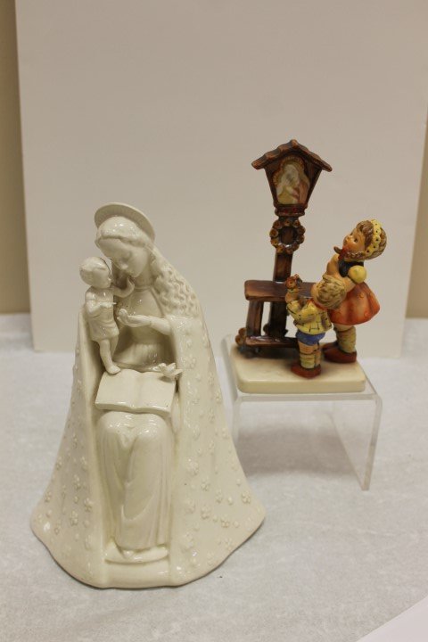 Hummel figurines: "Flower Madonna", 10/1, TMK2 incised: Hummel figurines: "Flower Madonna", 10/1, TMK2 incised mark, Germany, 9 1/2" "Adoration", 23/I, TMK6, 6 3/4", signed Jc 83