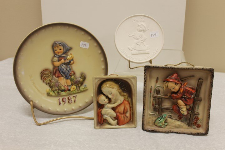 Hummel plate and plaques: "Retreat to Safety", 126,: Hummel plate and plaques: "Retreat to Safety", 126, TMK5, 4 3/4" X 4 3/4"; "Madonna" wall plaque, 48/0, TMK1 with incised and stamped marks, Germany; "Feeding Time", 1987 Hummel Annual Plate, 283, TMK